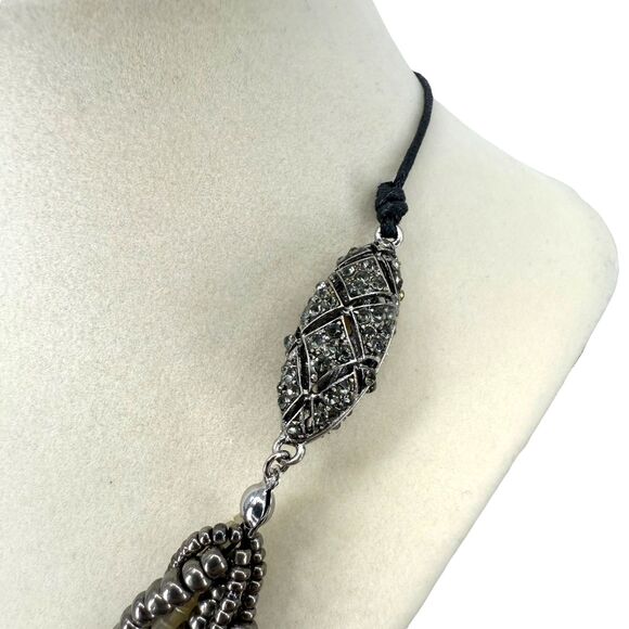 J. Jill Layered Necklace Art Deco Silver Tone Hematite Bead Pavé Adjustable Cord - Picture 7 of 15